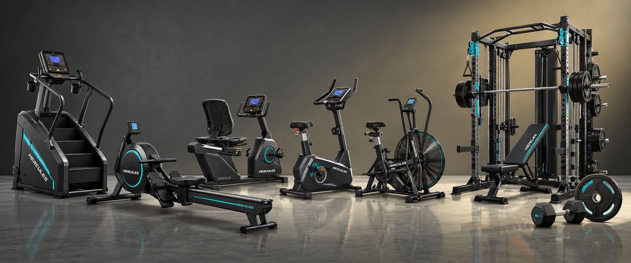 Hercules Fitness stair climber, rower, exercise bikes, air bike, power rack, bench and weights lined up on a showroom floor