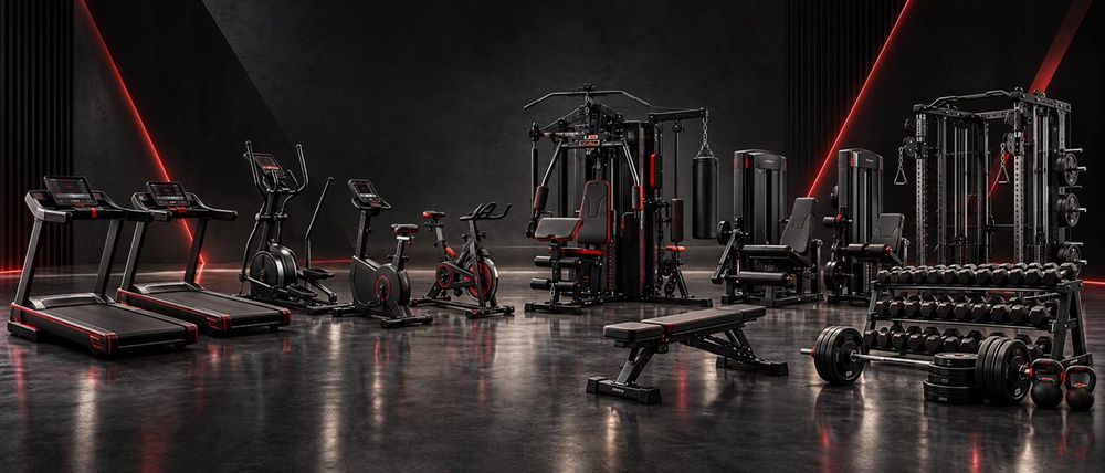 Hercules treadmills, cross trainer, exercise bikes, multi-station home gym, strength machines, power rack, bench and dumbbells in a dark showroom