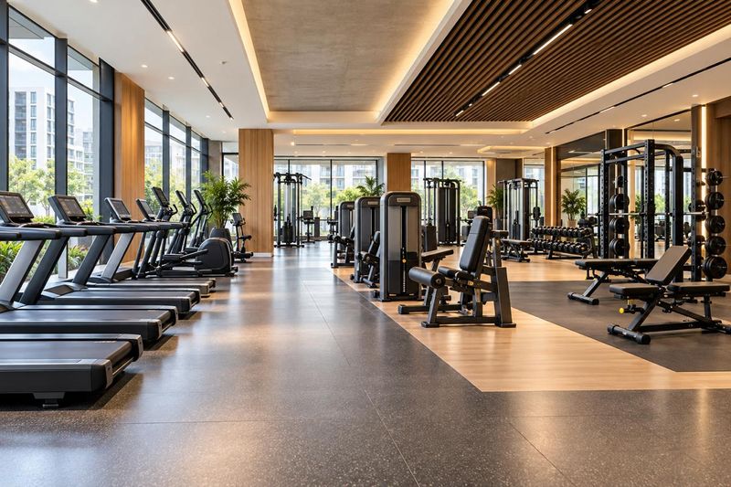 Large commercial gym with rows of treadmills, strength machines and a power rack