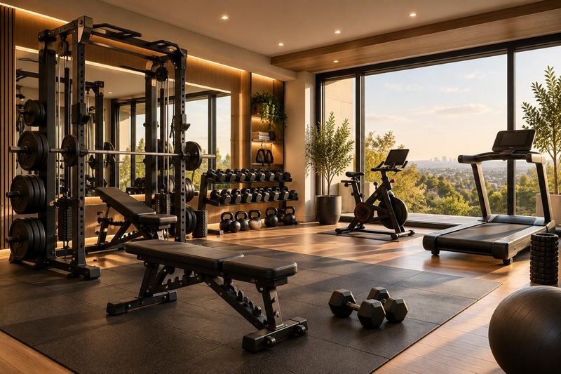 Apartment gym with a power rack, adjustable bench, spin bike and treadmill beside a city-view window
