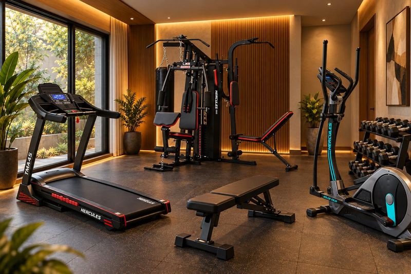 Home gym with a Hercules treadmill, multi-station home gym, bench, elliptical and dumbbell rack